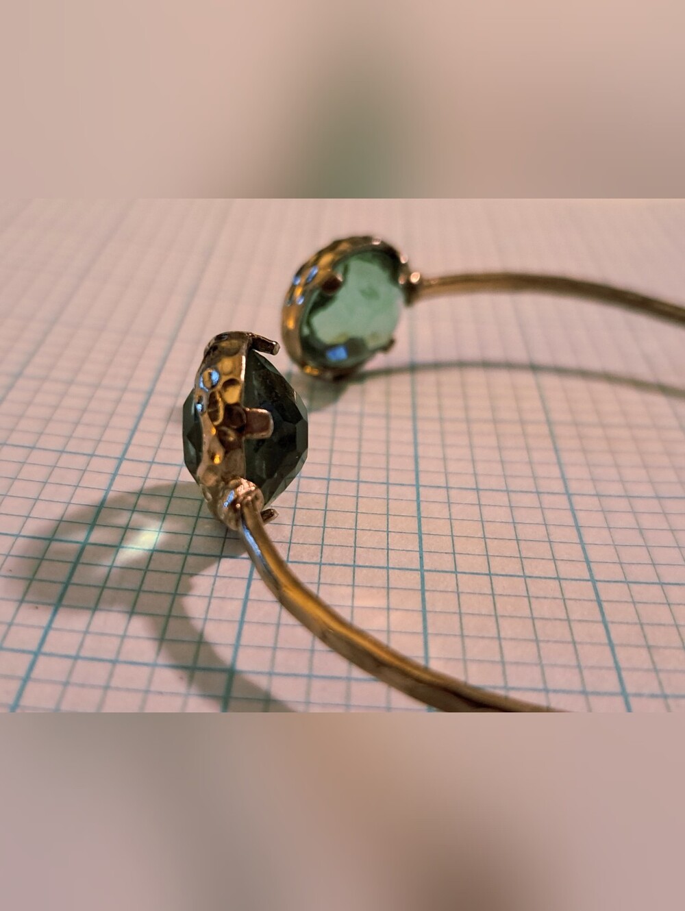Faux Blue Topaz Cuff Bracelet - Elegant Hammered Gold-Tone Prong Setting - Picture 3 of 5